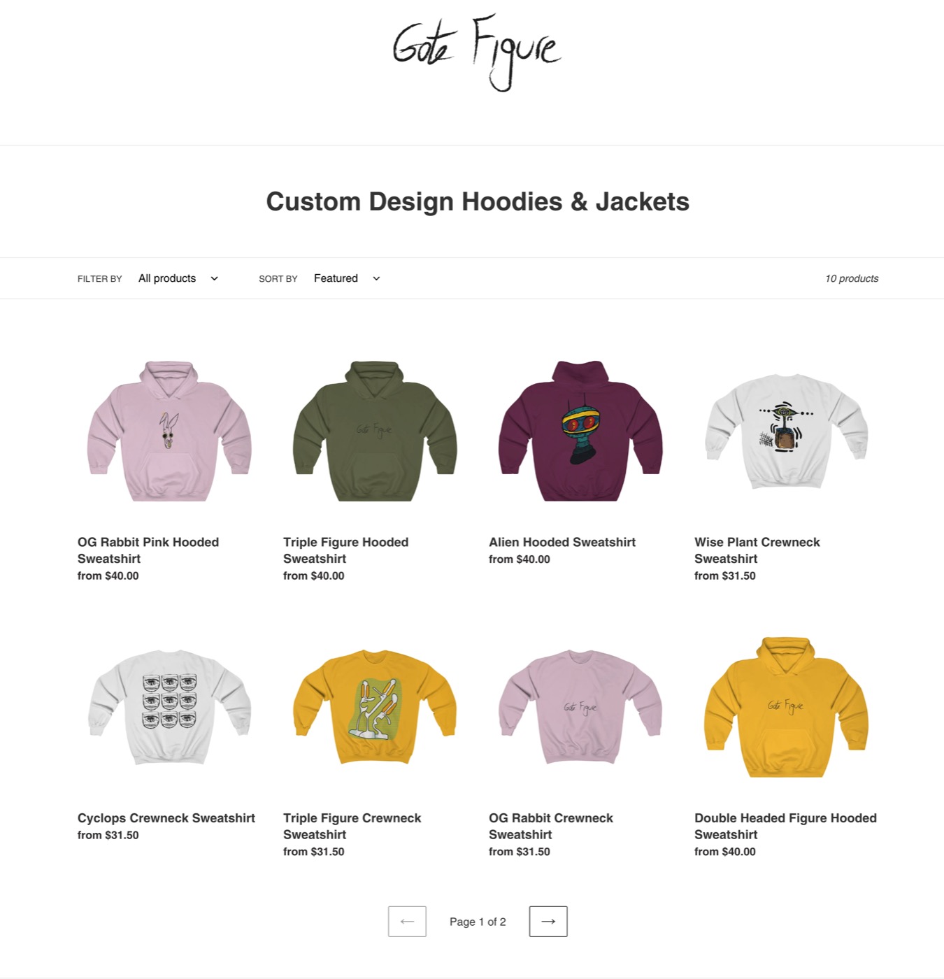 GoteFigure Shopify collection page showing hoodies and jackets