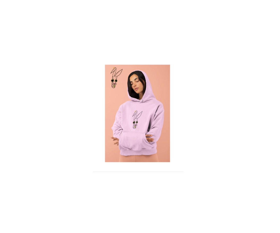 Model wearing GoteFigure OG Rabbit pink hoodie