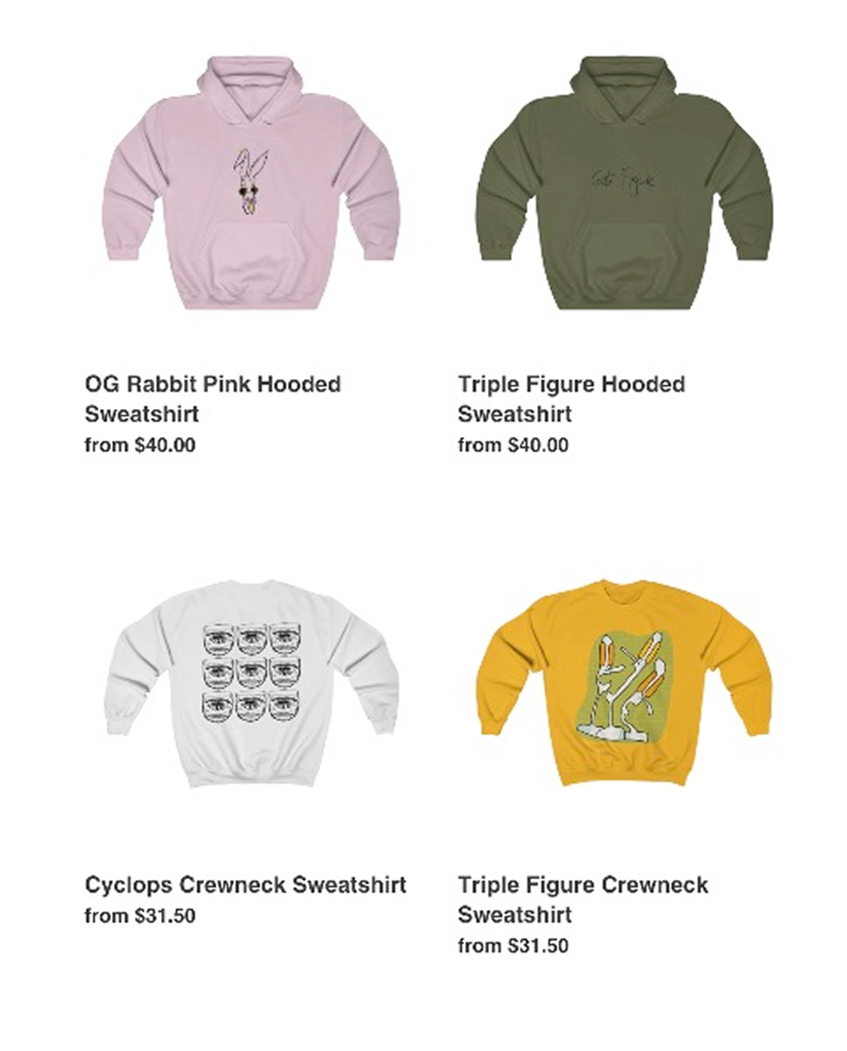 GoteFigure Shopify product listing, hoodies and crewneck sweatshirts with pricing