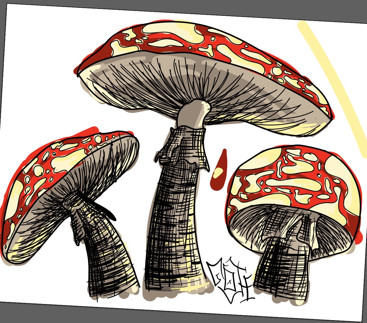 Hand-drawn mushroom illustration with GGF signature