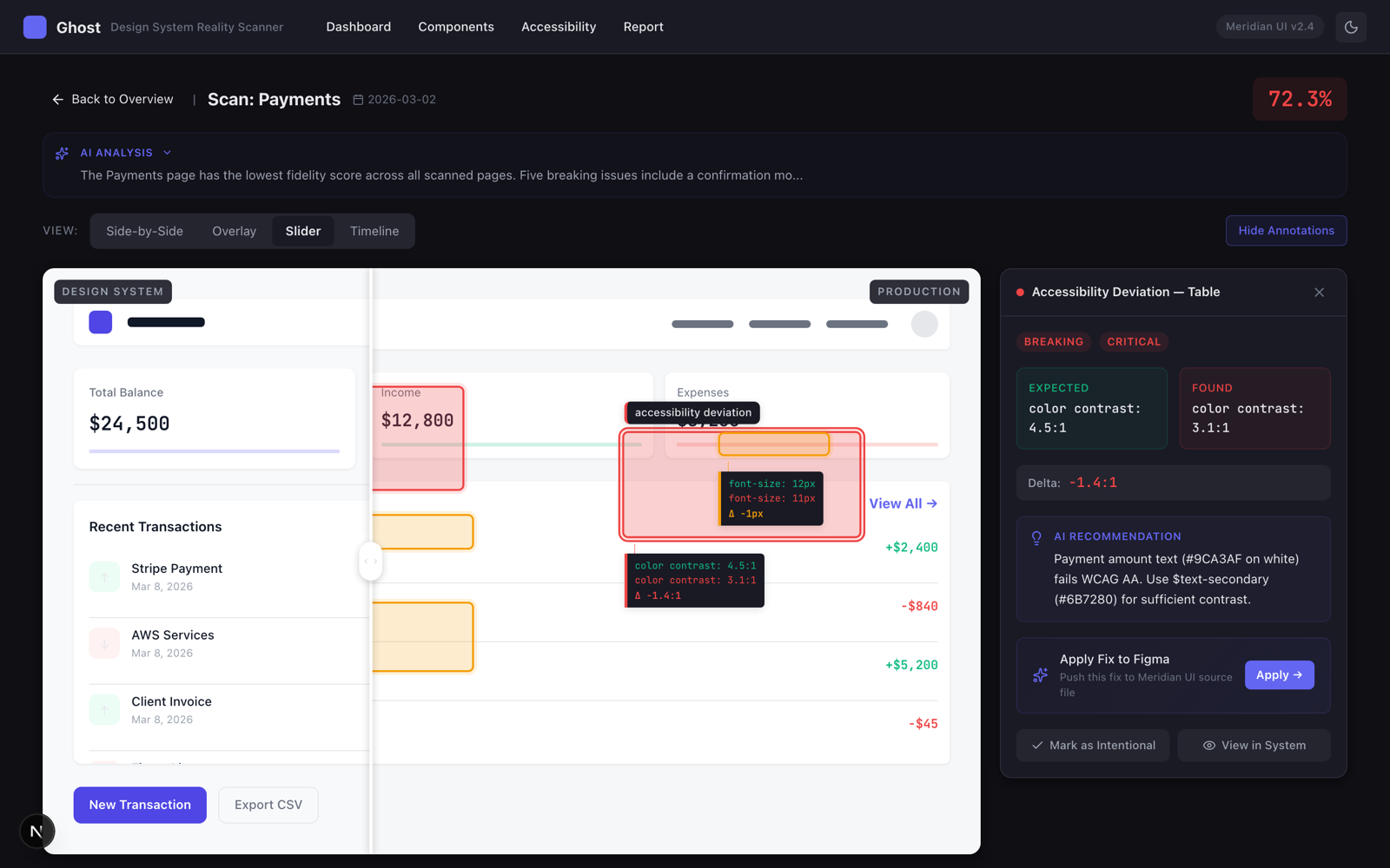 Scan detail with deviation selected and measurement annotations