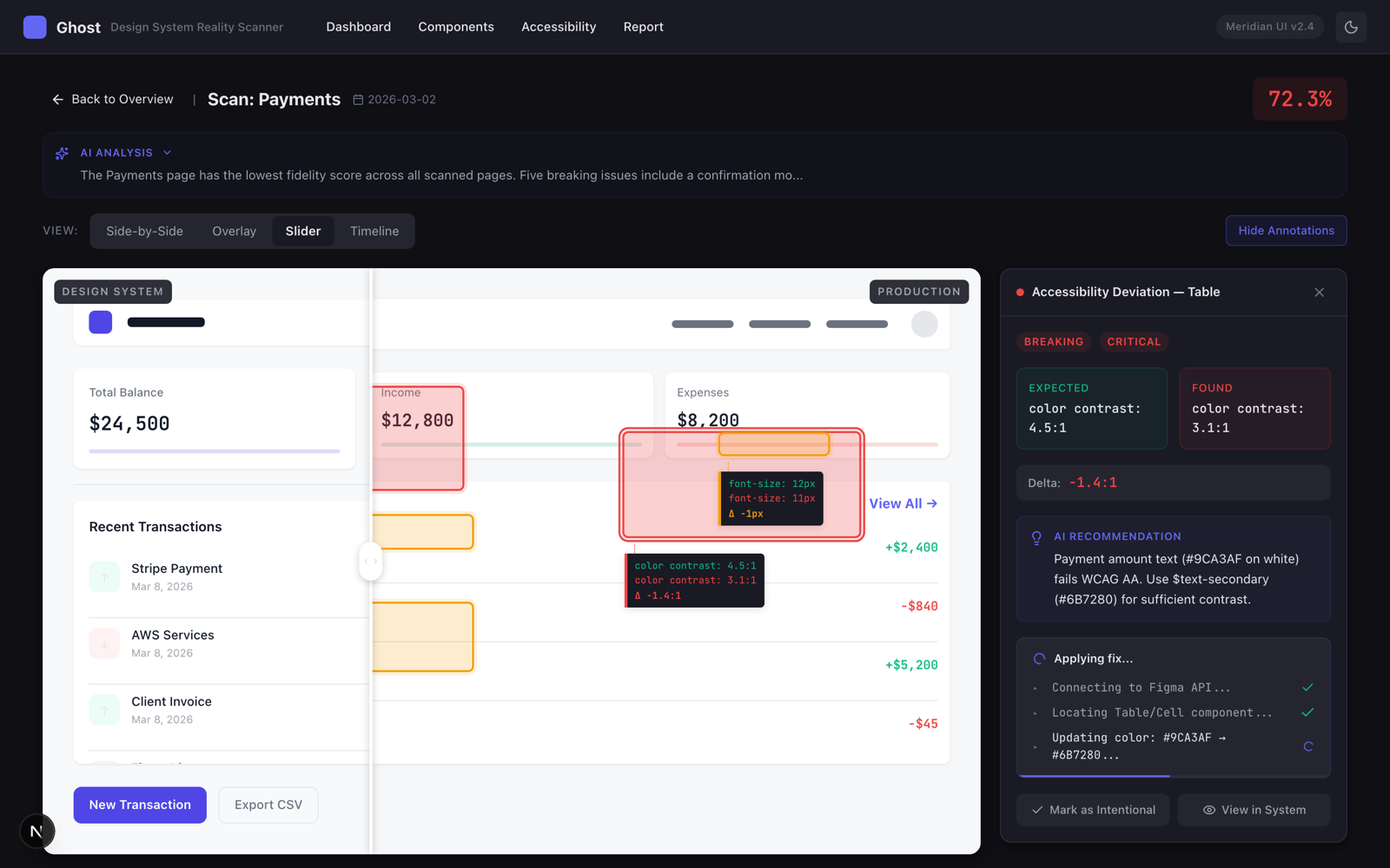 AI Fix flow with three-step progress animation