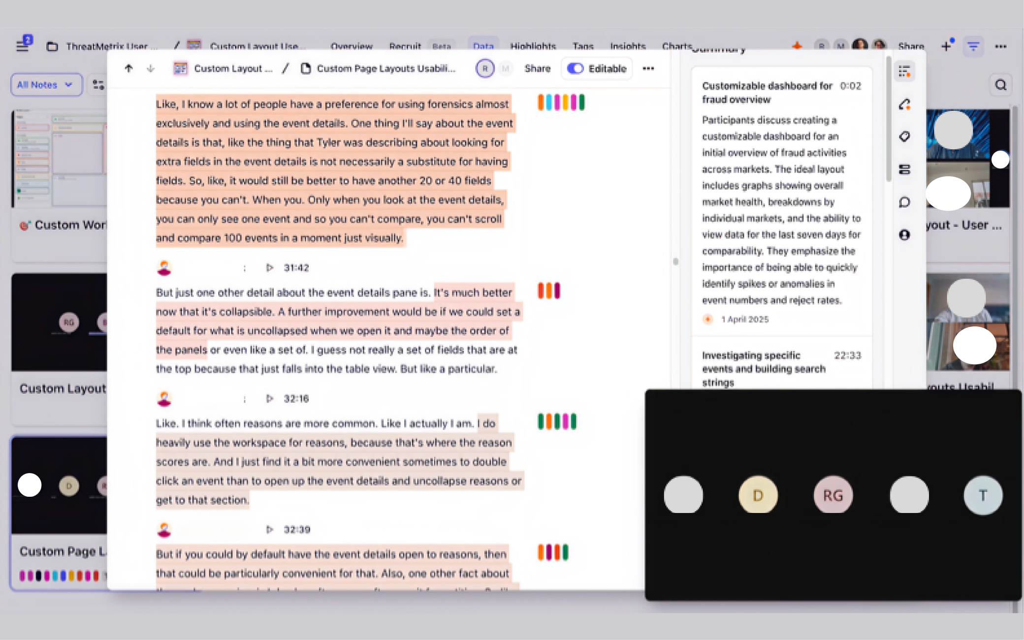 Dovetail usability study insight card with user quote from Custom Page Layouts research