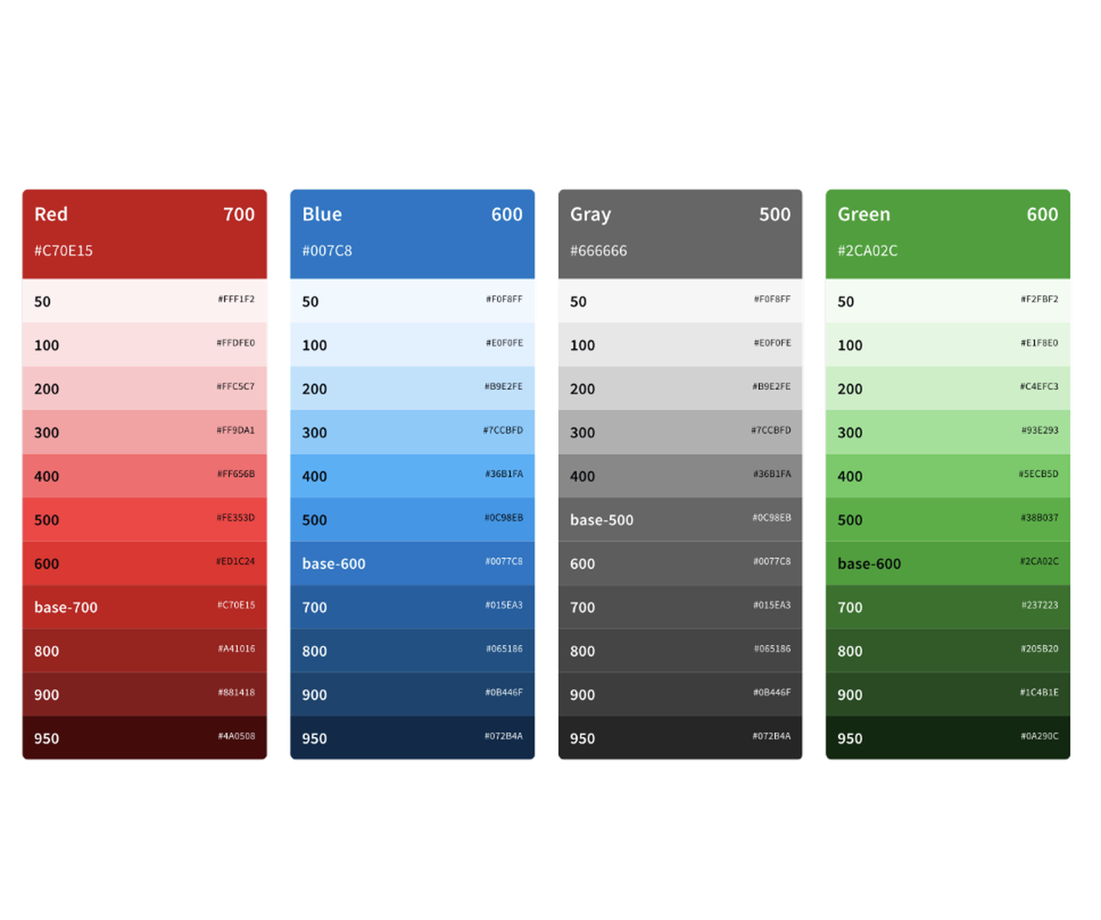 Color palette reference showing 4 color categories with 11 steps each and hex values