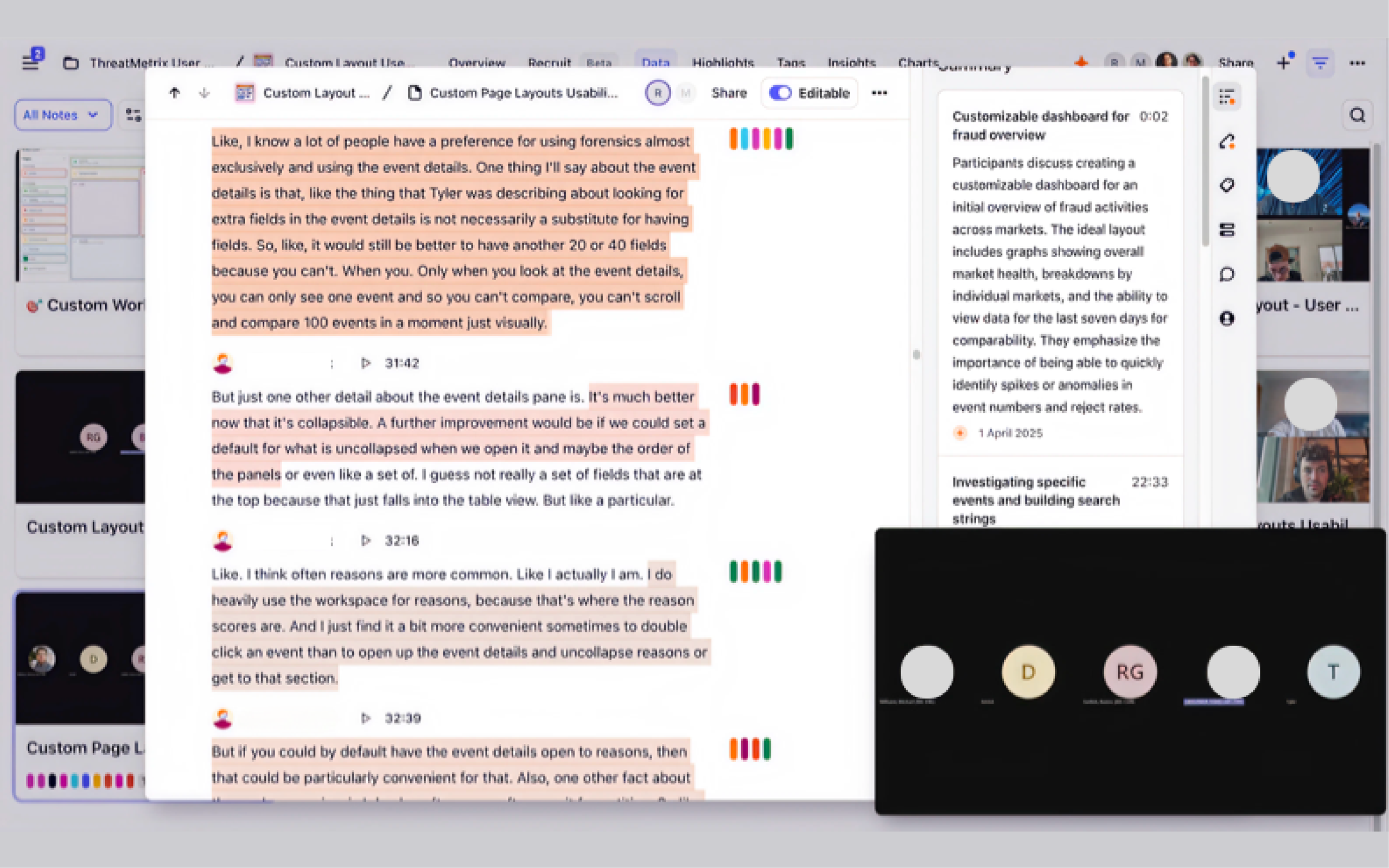 Dovetail usability study insight card with user quote from Custom Page Layouts research