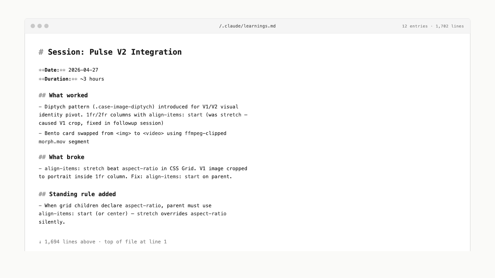 A real learnings.md entry from the Pulse V2 integration session, showing the file's structure and the kind of rule the protocol surfaces