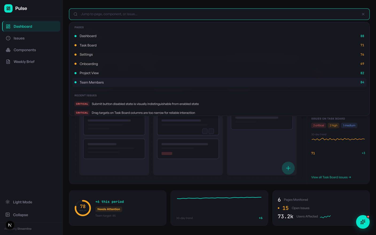 Pulse dashboard with command bar and metrics overview