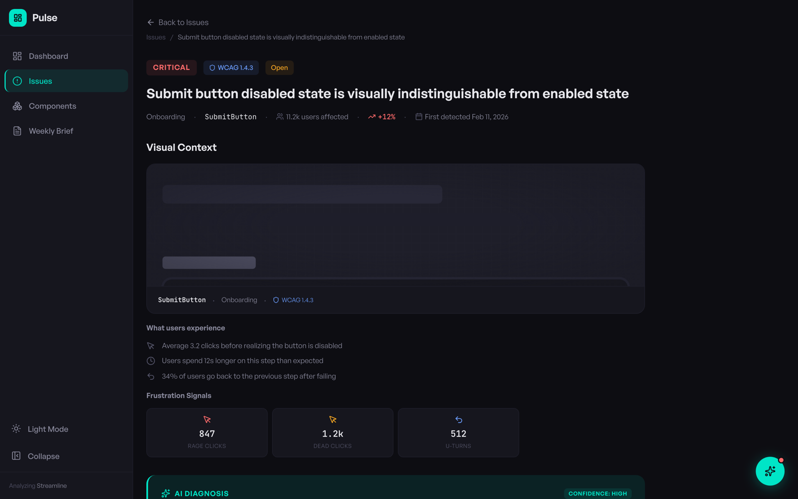 AI diagnosis with UX principle reference and confidence badge