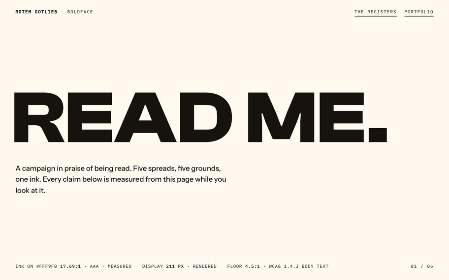 BOLDFACE, the bold flat register: a heavy black headline reading READ ME on warm paper, with a measured type readout along the foot.