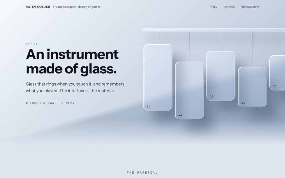 CHIME, the liquid glass register: pale glass panes hanging in a row on a light ground, each labelled with a note name, under one light source.
