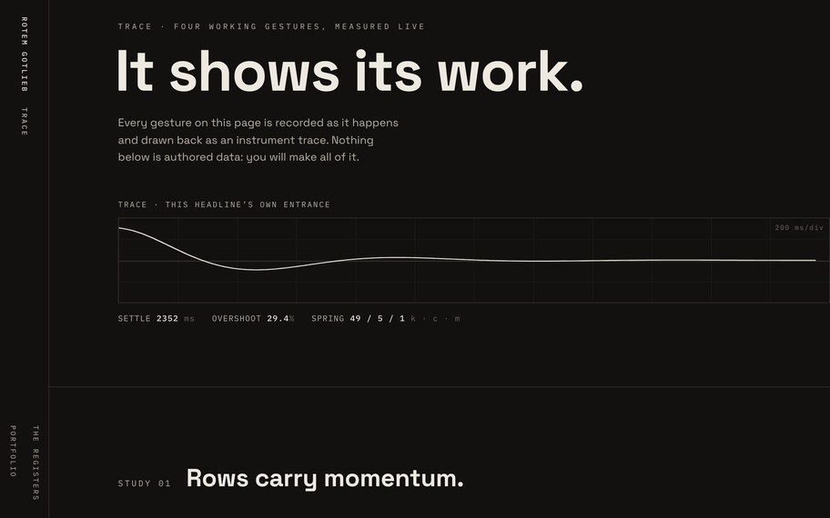 TRACE, the motion register: a headline reading It shows its work above a drawn easing curve plotted on a grid at 200 milliseconds per division. Below the rule, the first study opens: Rows carry momentum.
