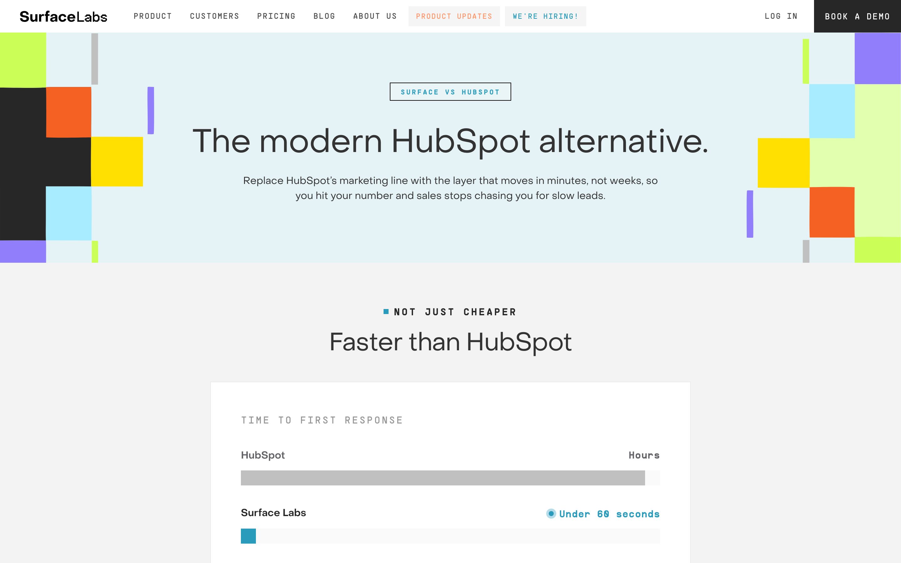 A competitor comparison page I built for Surface Labs: The modern HubSpot alternative, with a speed-to-lead comparison.