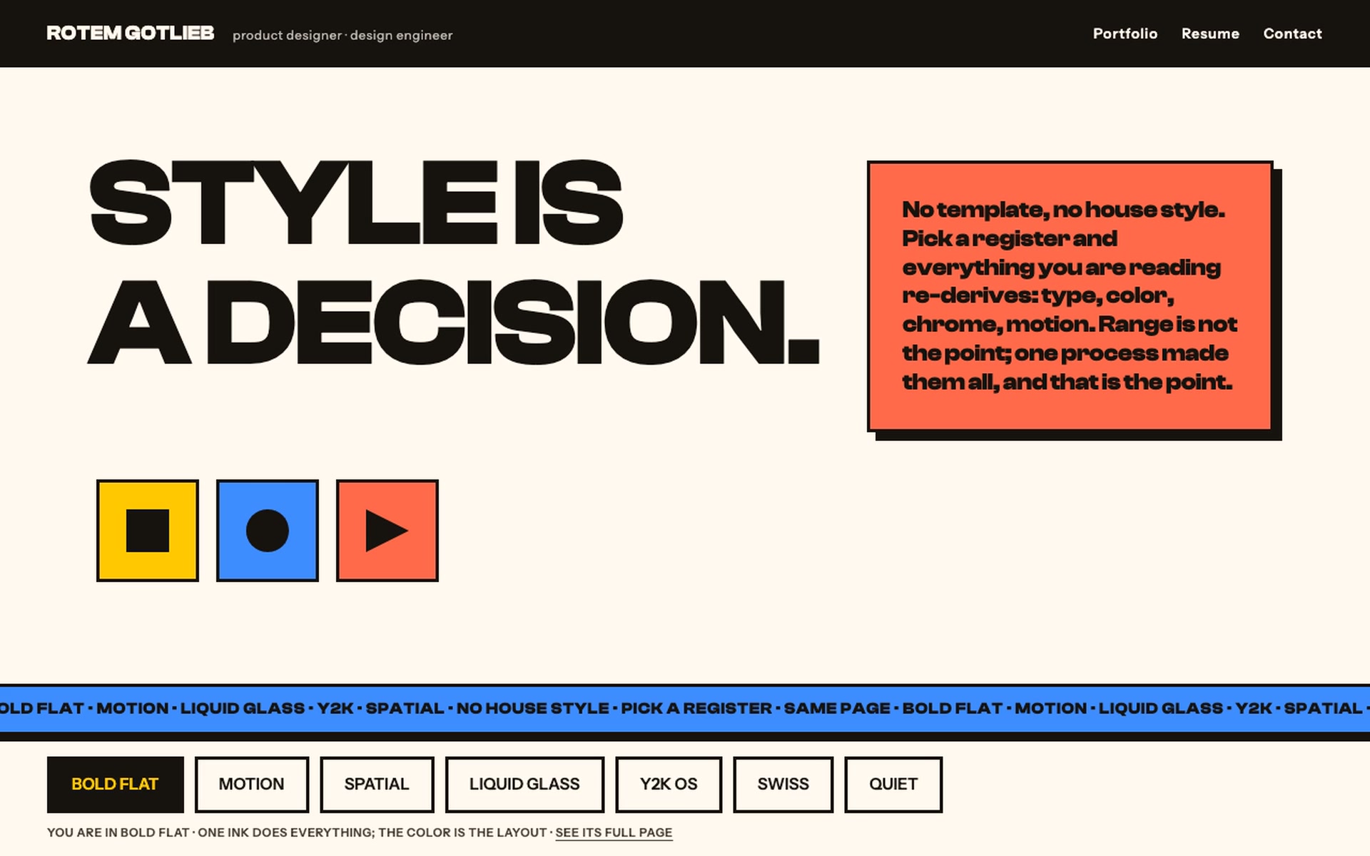 The Registers in its bold flat register: a heavy black headline reading Style is a decision, on warm paper, beside a coral note card, with the switcher strip of register names along the bottom.